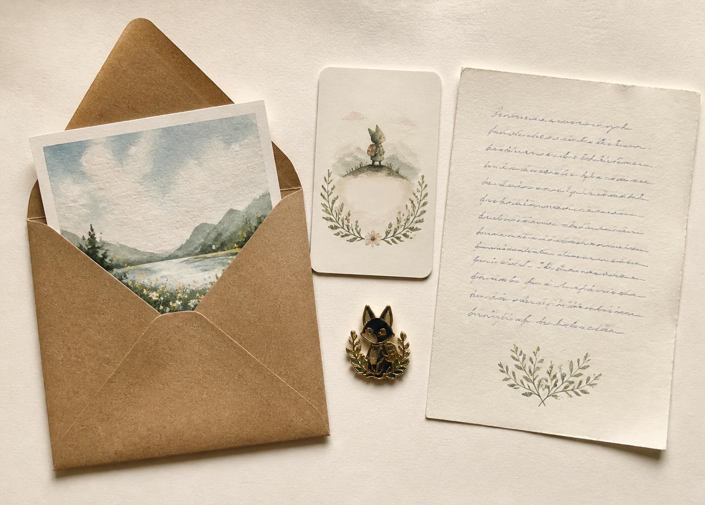 An opened kraft envelope with a watercolour postcard, story card, enamel pin and a handwritten letter